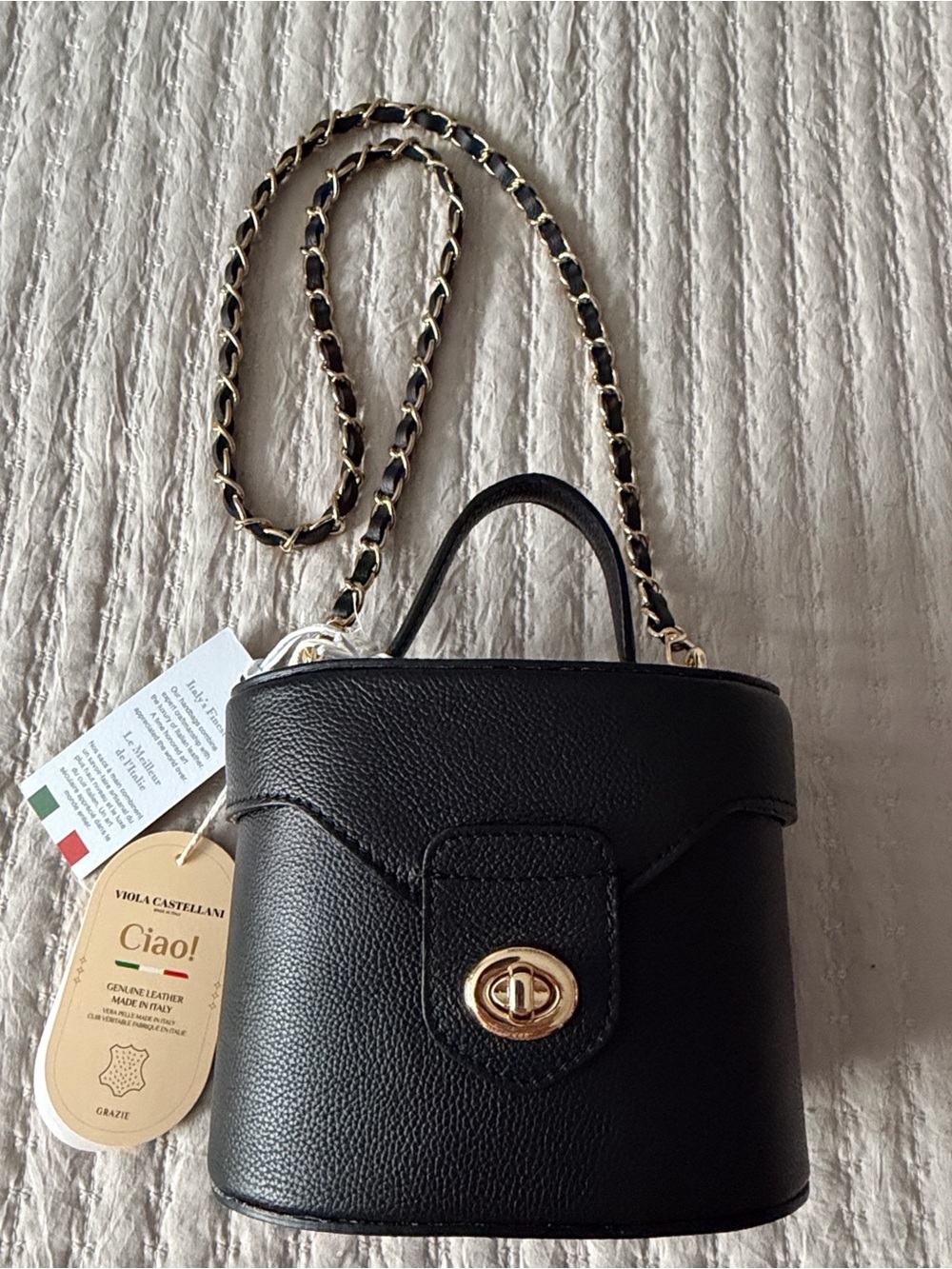 Viola Castellani CIAO! Black Leather Crossbody & Handbag Removable Gold Chain